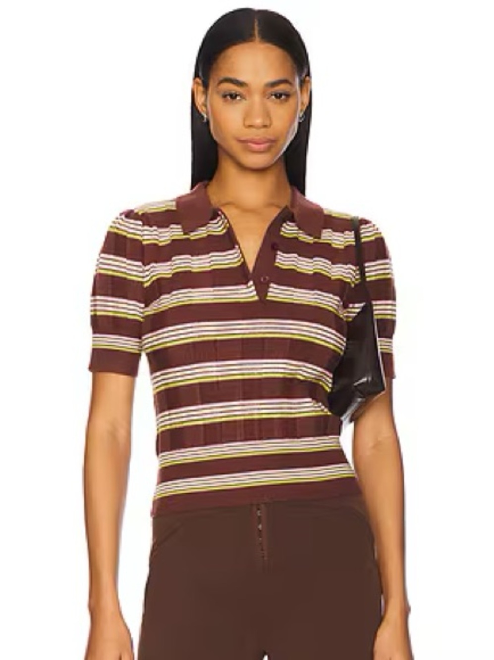 Guizio Striped Short-Sleeve Polo Top in Brown